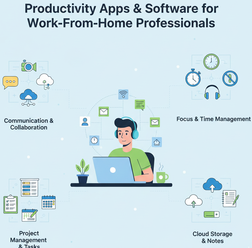 productivity tools, remote work software, work from home, collaboration apps, task management, time tracking, focus tools, workflow automation, team communication, digital workspace, cloud tools, work/life balance, software guide